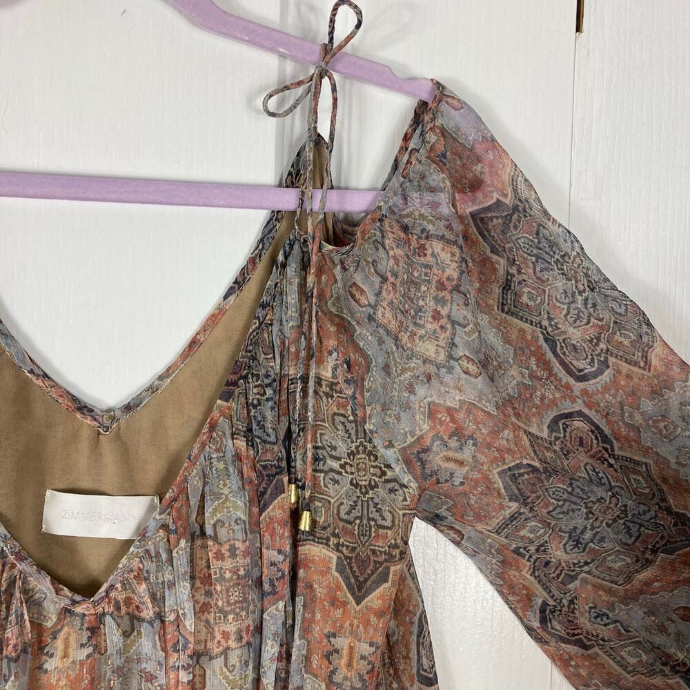 NWOT ZIMMERMANN Blouse 0/XS Silk Chiffon”Harlequin Heriz”V Balloon ColdShoulder - Picture 5 of 11